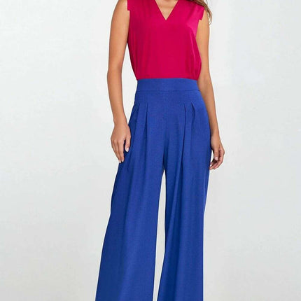Navy Blue V Neck Sleeveless Blouse With Pleated Trim - Très Elite