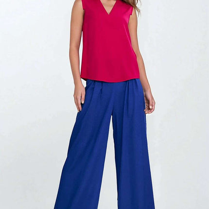 Navy Blue V Neck Sleeveless Blouse With Pleated Trim - Très Elite