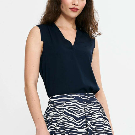 Navy Blue V Neck Sleeveless Blouse With Pleated Trim - Très Elite