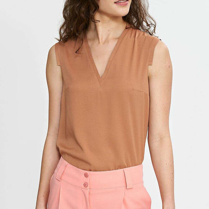 Navy Blue V Neck Sleeveless Blouse With Pleated Trim