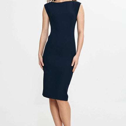 Navy Daydress With Fitted Silhouette Knee Length Back V Neck - Très Elite