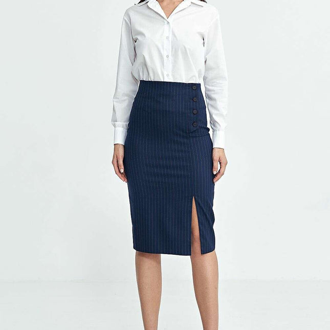 Navy High Waist Knee Length Skirt with Side Button Closure