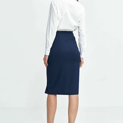 Navy High Waist Knee Length Skirt with Side Button Closure - Très Elite