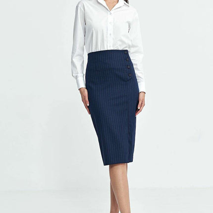 Navy High Waist Knee Length Skirt with Side Button Closure - Très Elite