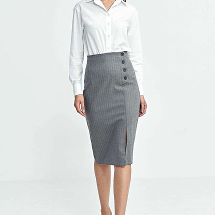 Navy High Waist Knee Length Skirt with Side Button Closure - Très Elite