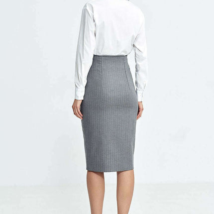 Navy High Waist Knee Length Skirt with Side Button Closure - Très Elite