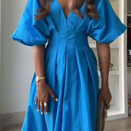 New Blue V-neck Pleated Maxi Dress Loose Elegant Dress - Très Elite