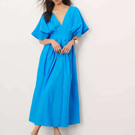 New Blue V-neck Pleated Maxi Dress Loose Elegant Dress - Très Elite