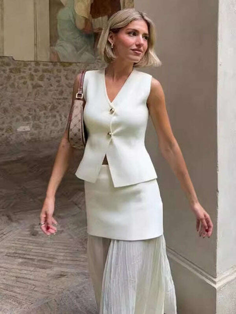 New Fashion Knitted Vest Splicing Pleated Long Skirt Set