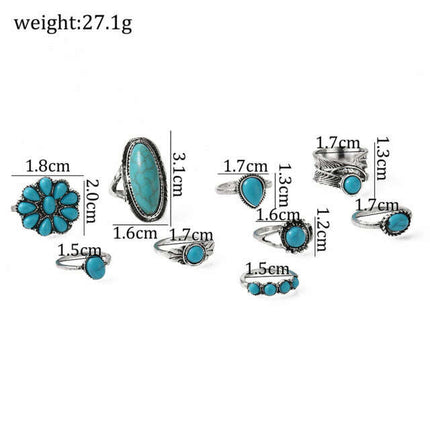 New Ring Retro Bohemian Feather Turquoise Hollow 9-piece Set - Très Elite