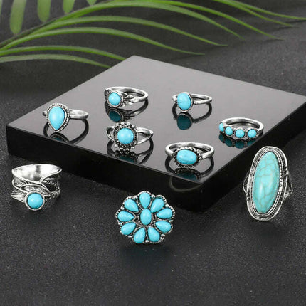 New Ring Retro Bohemian Feather Turquoise Hollow 9-piece Set - Très Elite