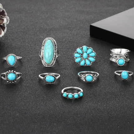 New Ring Retro Bohemian Feather Turquoise Hollow 9-piece Set - Très Elite