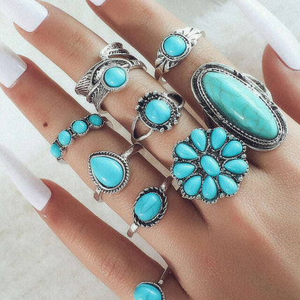 New Ring Retro Bohemian Feather Turquoise Hollow 9-piece Set- Très Elite- Très Elite