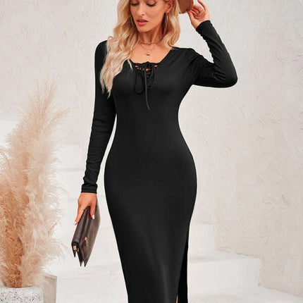 New casual women's fashion solid color collar tie sexy knitted dress - Très Elite