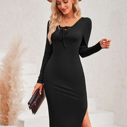 New casual women's fashion solid color collar tie sexy knitted dress - Très Elite