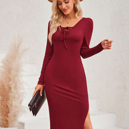 New casual women's fashion solid color collar tie sexy knitted dress - Très Elite