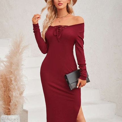 New casual women's fashion solid color collar tie sexy knitted dress