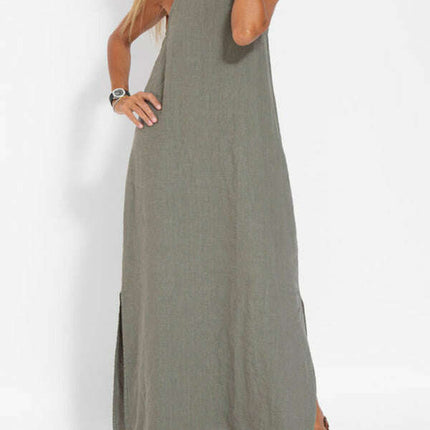 New fashionable casual cotton and linen slit suspender dress - Très Elite
