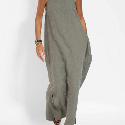New fashionable casual cotton and linen slit suspender dress - Très Elite