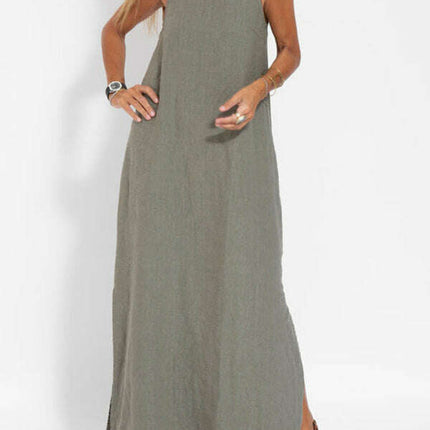 New fashionable casual cotton and linen slit suspender dress