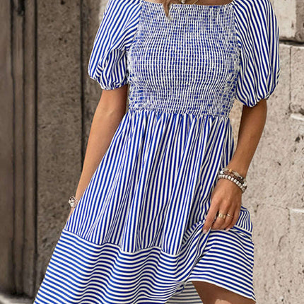 New fashionable puff sleeve striped skirt lapel short sleeve strappy backless dress - Très Elite