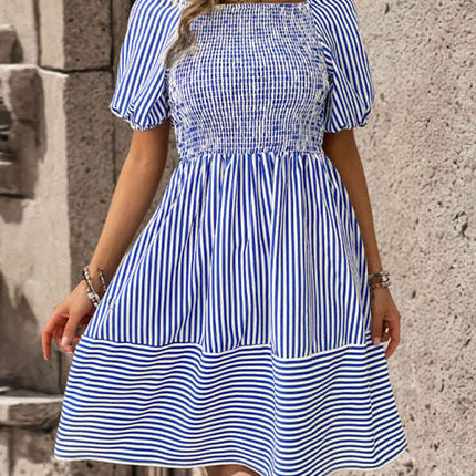 New fashionable puff sleeve striped skirt lapel short sleeve strappy backless dress - Très Elite