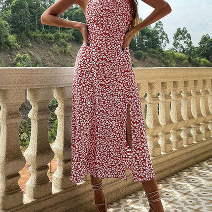 New floral suspender dress slim fit slit print dress