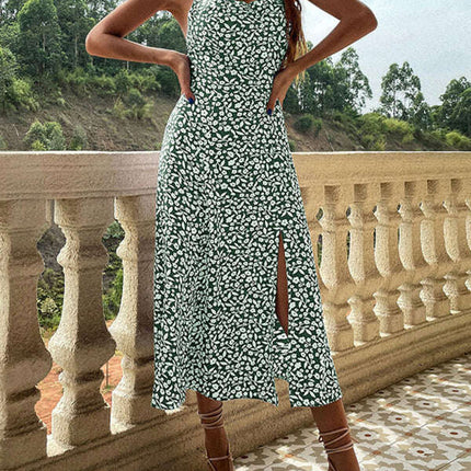 New floral suspender dress slim fit slit print dress - Très Elite