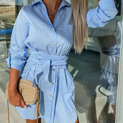 New lace-up cardigan multi-color roll-sleeve shirt dress