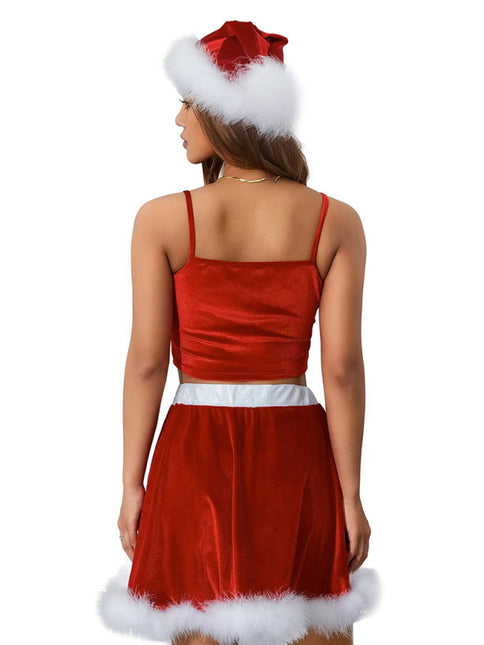 New off-shoulder Christmas red suspender feather Christmas skirt (including hat)- Très Elite- Très Elite