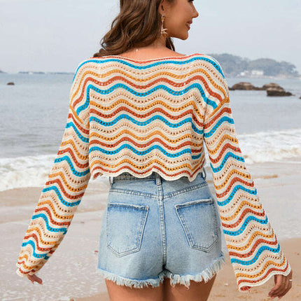 New patchwork round neck striped bikini beach cover-up - Très Elite