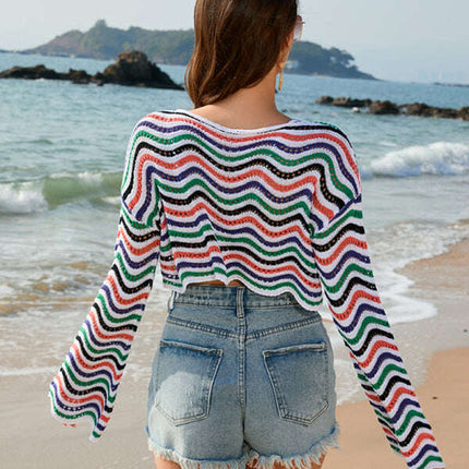 New patchwork round neck striped bikini beach cover-up - Très Elite