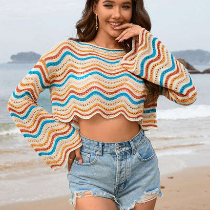 New patchwork round neck striped bikini beach cover-up