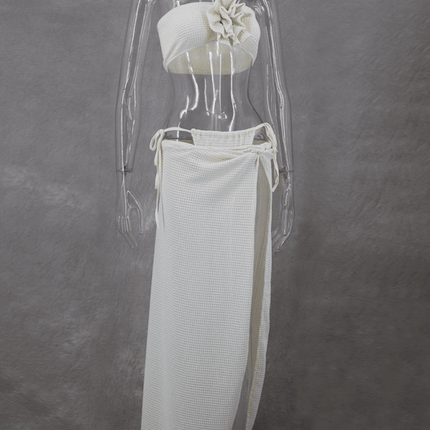New sexy hot girl sleeveless tube top halter collar knitted slit high waist skirt three-piece suit - Très Elite