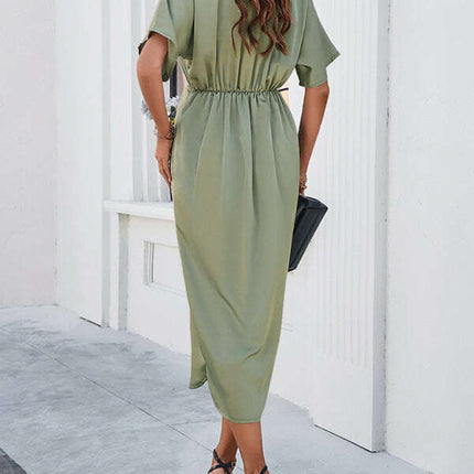 New solid color temperament V-neck short-sleeved dress - Très Elite