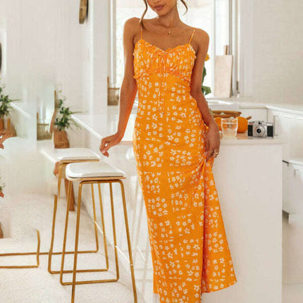 New spring and summer sexy slim-fit suspender V-neck printed backless long dress - Très Elite