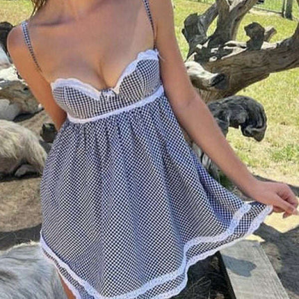 New style lace plaid printed strappy suspender dress - Très Elite
