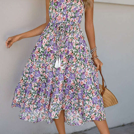 New style suspender skirt pleated printed ruffle dress - Très Elite