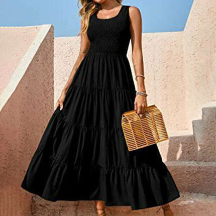 New suspender skirt pleated stitching A-line large hem dress - Très Elite