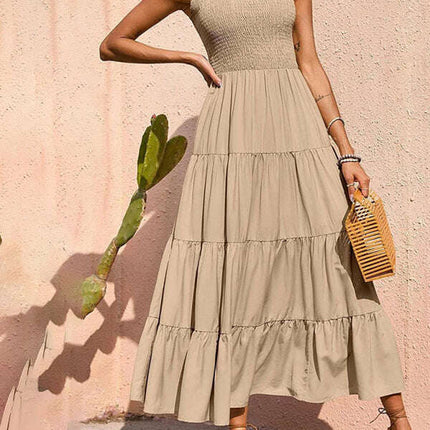 New suspender skirt pleated stitching A-line large hem dress - Très Elite