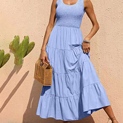 New suspender skirt pleated stitching A-line large hem dress - Très Elite
