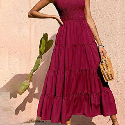 New suspender skirt pleated stitching A-line large hem dress - Très Elite