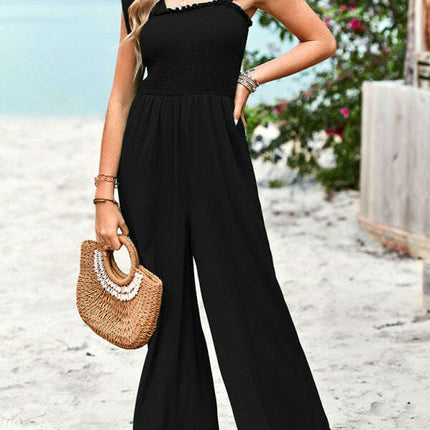 New temperament casual solid color high waist wrap chest suspender jumpsuit wide leg pants