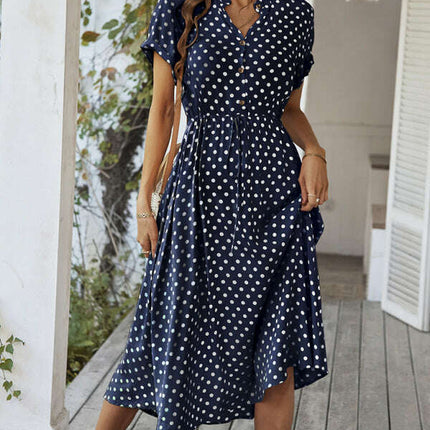 New women's all-match shirt collar polka dot waist waist dress - Très Elite
