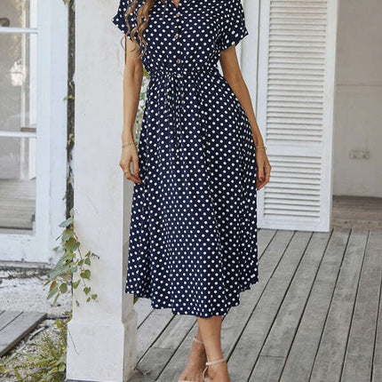 New women's all-match shirt collar polka dot waist waist dress - Très Elite