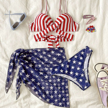 New women's bikini flag print stars and stripes three-piece swimsuit - Très Elite