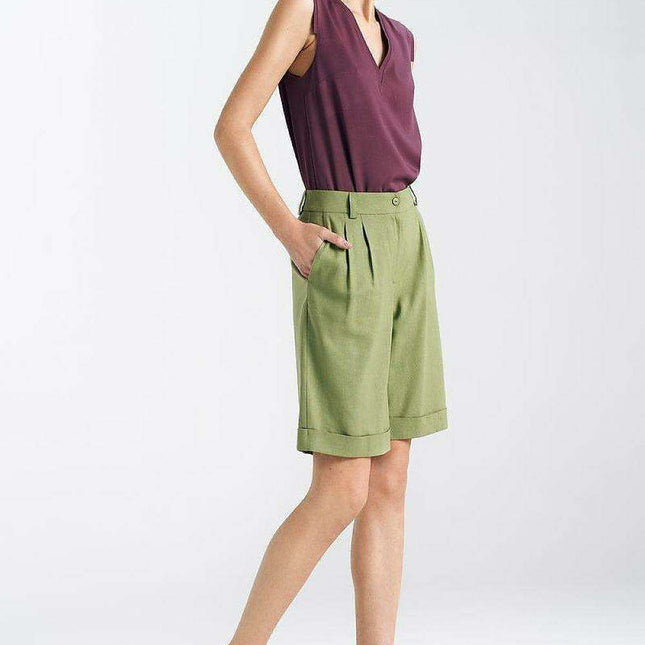 Nife Chic Linen Blend Knee Length Trousers For Women