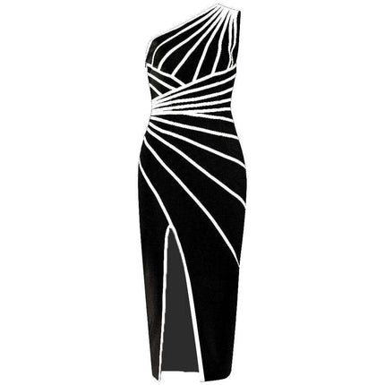 Nightlife Elegance: Striking One-Shoulder Striped Bandage Dress for Glamorous Evenings - Très Elite