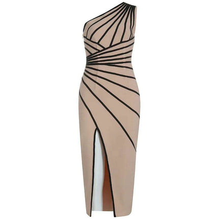 Nightlife Elegance: Striking One-Shoulder Striped Bandage Dress for Glamorous Evenings