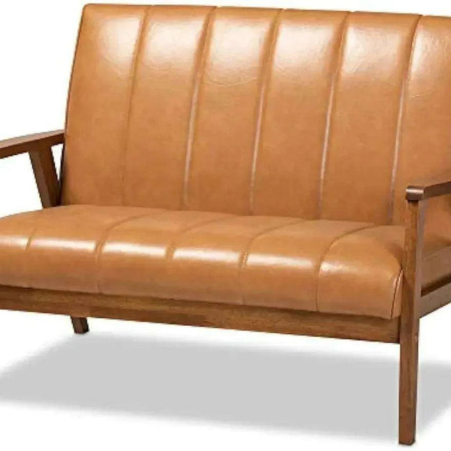 Nikko Tan Faux Leather Loveseat with Walnut Brown Finish - Chic Sofa for Modern Living Rooms